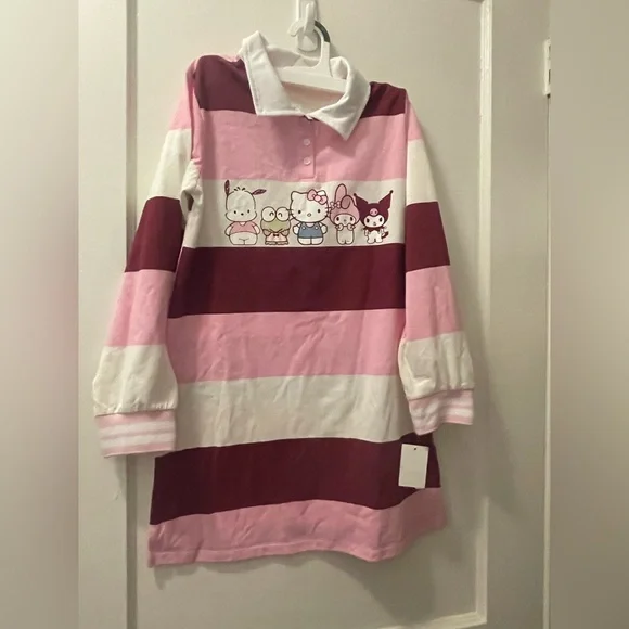 Hello Kitty Pink and White Striped Long Sleeve Dress - Picture 1 of 10